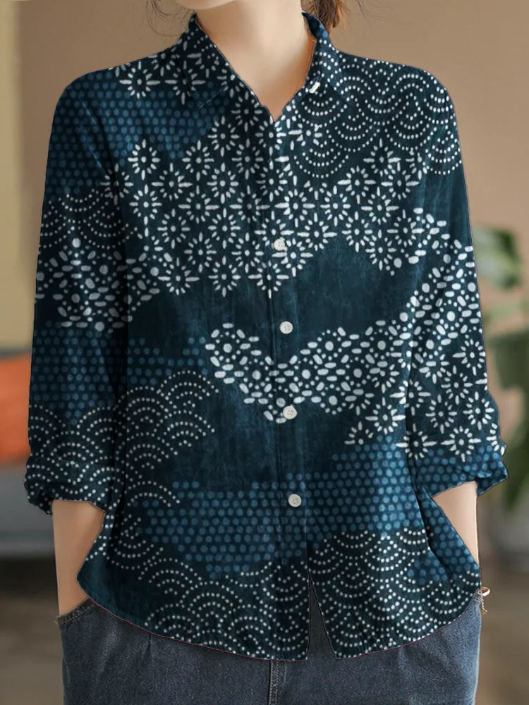 Comstylish Sea Waves Japanese Traditional Pattern Linen Blend Blouse