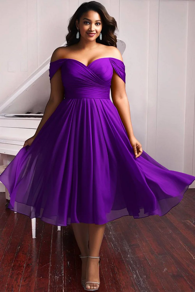 Xpluswear Design Plus Size Cocktail Party Midi Dresses Elegant Purple   Off The Shoulder Short Sleeve Pleated A-Line Chiffon Midi Dresses