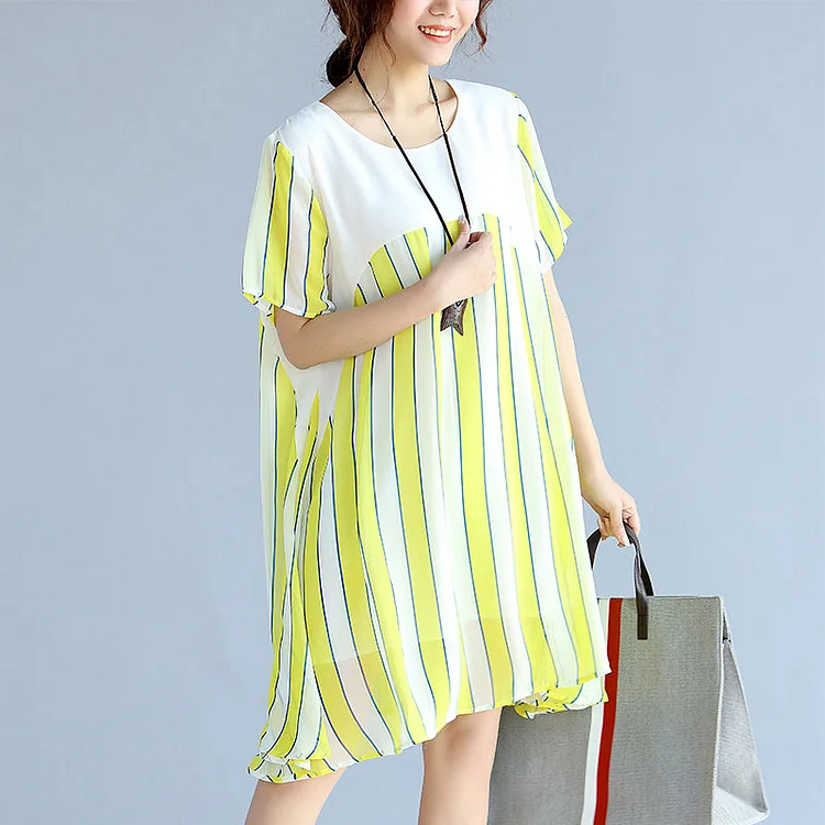 women yellow striped chiffon dress oversized chiffon patchwork o neck chiffon clothing dresses