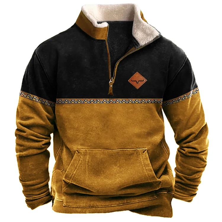 Men's Outdoor Retro Contrast Color Warm Stand Collar Zipper Sweatshirt