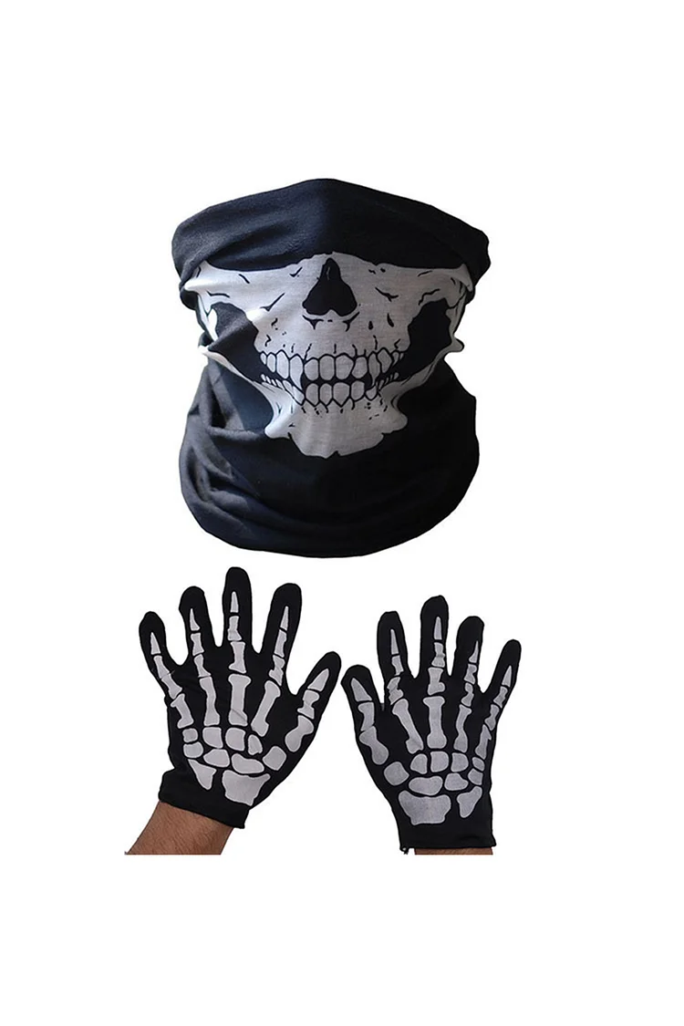 Gothic Black Halloween Horror Ghost Skeleton Chin Gloves Two Pieces Mask Set
