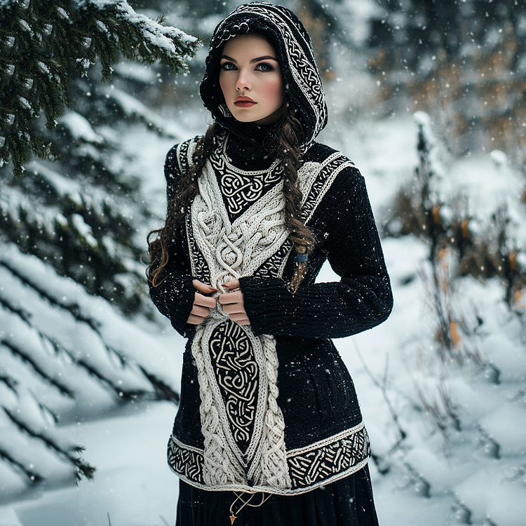 Women's Viking Tribal Celtic Chunky Knit Hooded Sweater