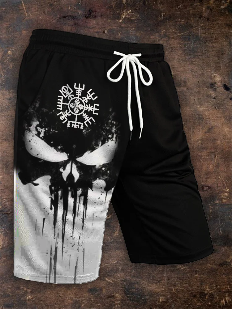 BrosWear Men's Viking Vegvisir Skull Contrast Color Drawstring Shorts