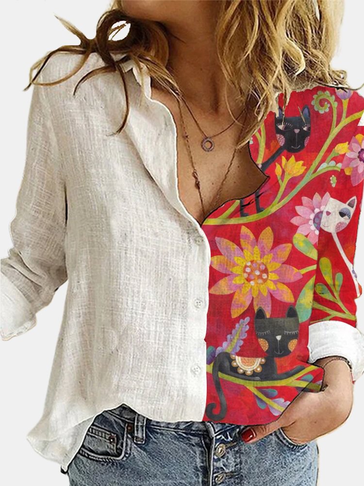 Cartoon Cat Calico Print Patchwork Lapel Collar Button Blouse P1735167