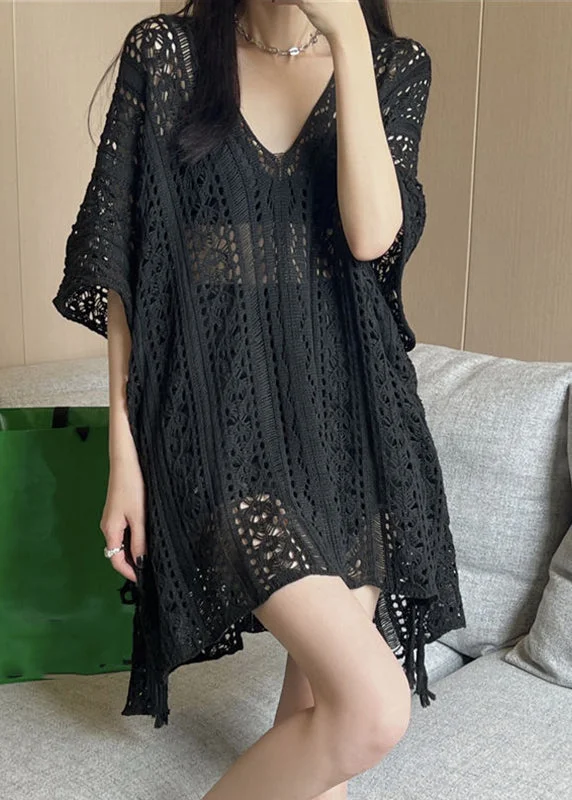 Fashion Black V Neck Low High Design Ice Silk Knit T Shirt Summer