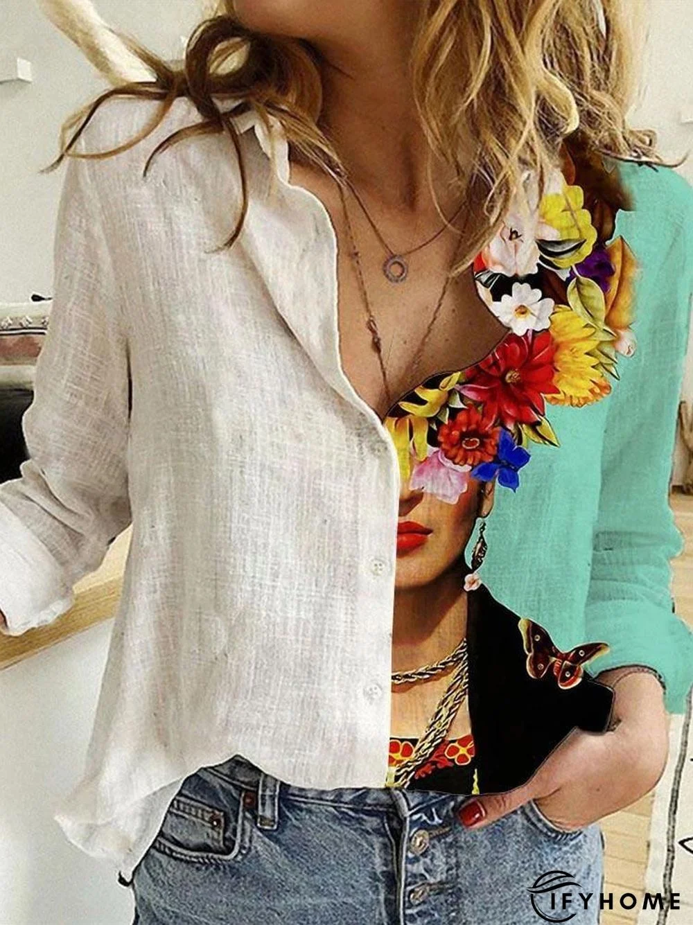 Ladies And Flower Printed Lapel Long Sleeve Shirt | IFYHOME