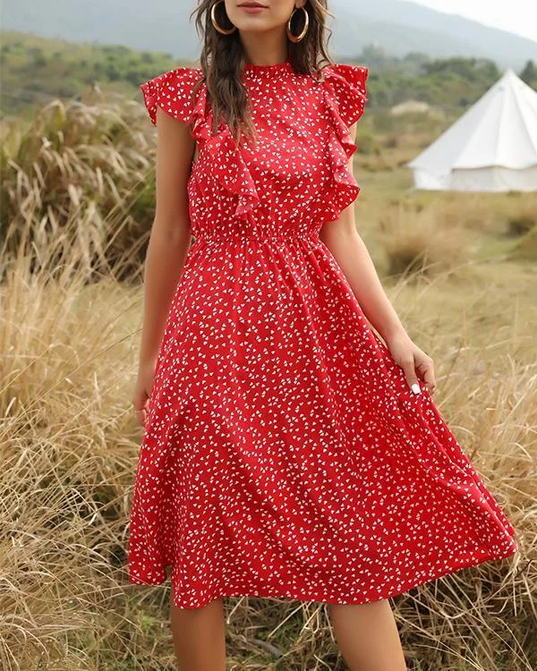 casual ruffle patchwork round neck midi a line dress p118114