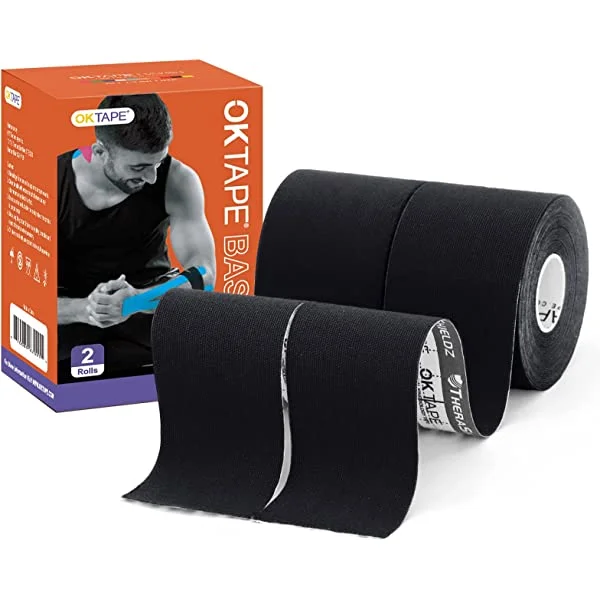OK TAPE Kinesiology Tape, Basic Original Cotton Elastic Athletic Tape for Support and Recovery, Sports Tape Therapeutic Pain Relief, 2in×16.4ft Uncut Roll black 2 rolls