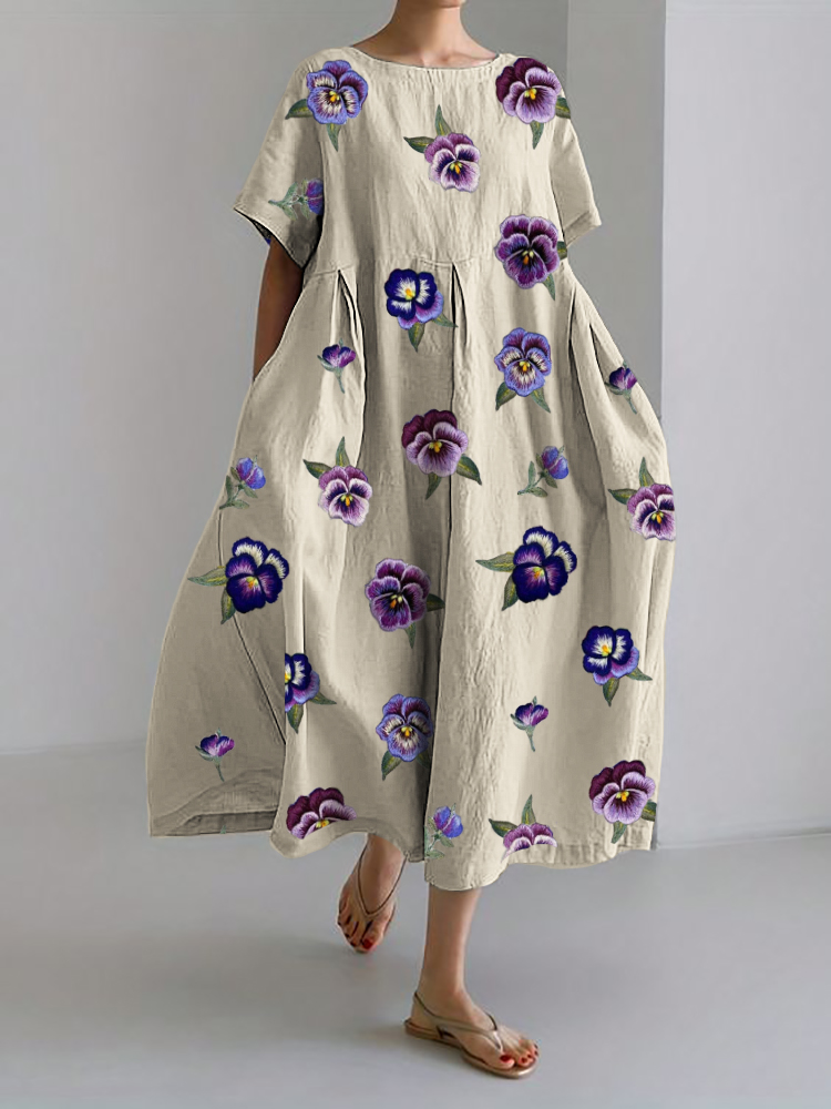 Pansy Floral Embroidery Linen Blend Maxi Dress