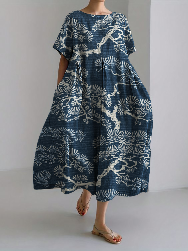 Pine Trees Japanese Lino Art Flowy Linen Blend Maxi Dress