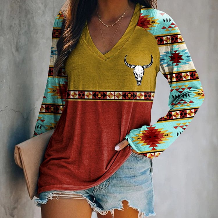Western Print Paneled V Neck Long Sleeve T-Shirt