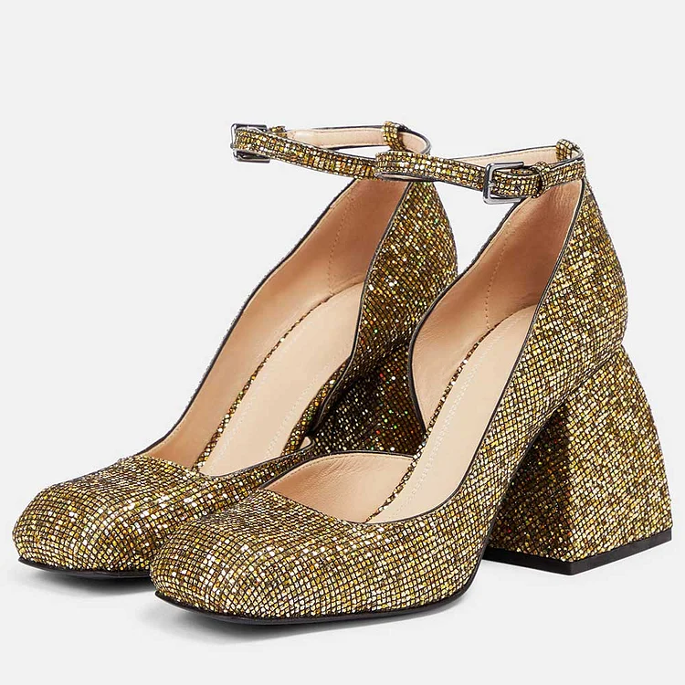 Gold Sparkling Heels Vintage Square Toe Ankle Strap Pumps Shoes |FSJ Shoes
