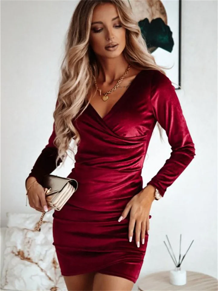Women's Party Dress Velvet Dress Bodycon Midi Dress Green Black Red Long Sleeve Pure Color Ruched Winter Fall Spring V Neck Fashion Party Winter Dress Date 2022 S M L XL XXL 3XL-JRSEE