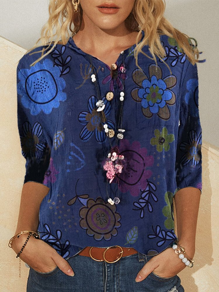 Flower Printed Long Sleeve Turn down Collar Blouse For Women P1746705