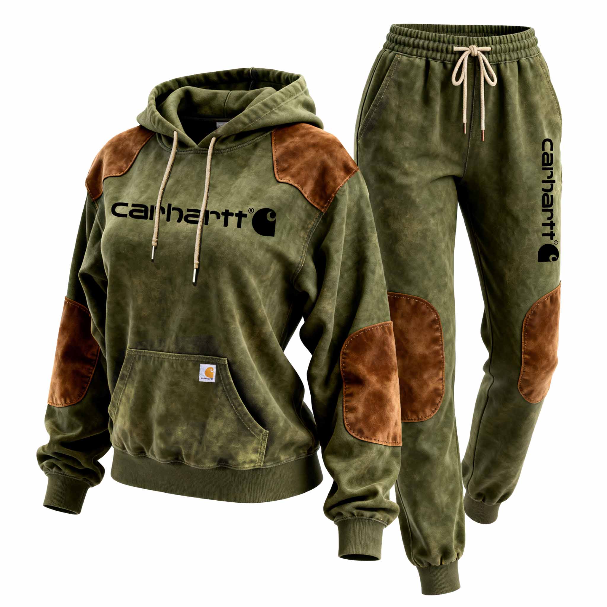 Women's Vintage Olive Green And Brown Suede Pocket Hoodie And Sweatpants Jogger Set - Helixace