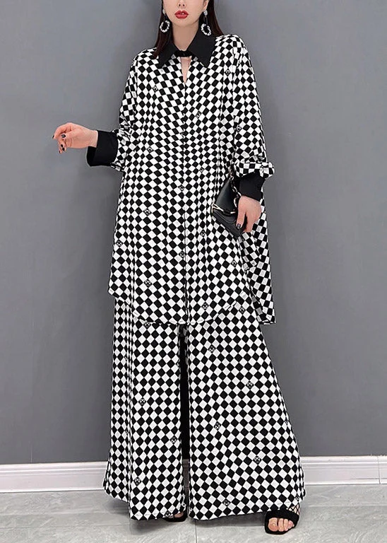 Modern Plaid Patchwork Chiffon Shirts And wide leg pants Two Piece Set Long Sleeve Spring