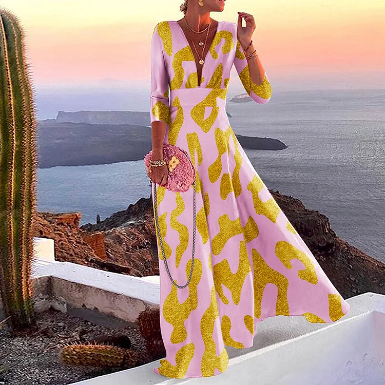Vefave V Neck Gold Print Long Sleeve Maxi Dress