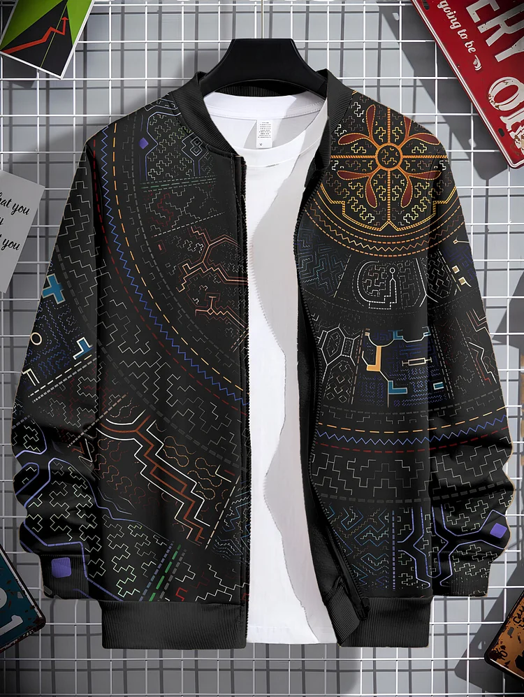 Men's Black Ethnic Pattern Art Print Casual Zip Up Jacket