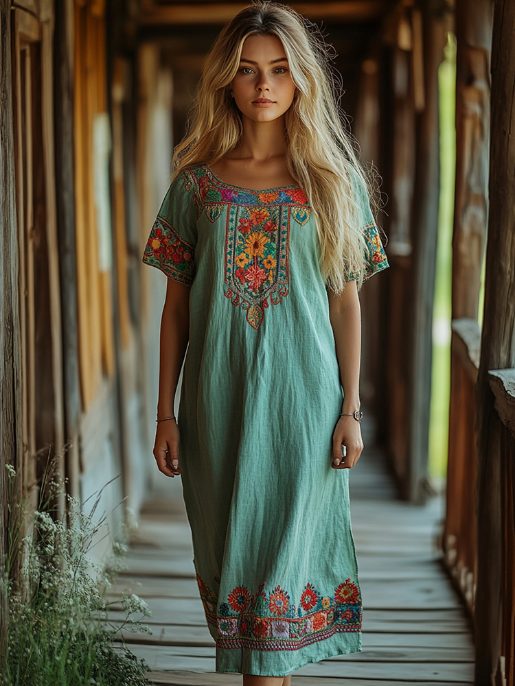 Bohemian Print Loose Long Sleeve Midi Dress