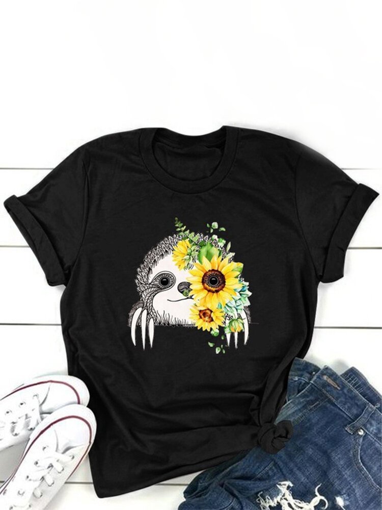 Cat Floral Printed O Neck Short Sleeve Casual T shirt P1709933