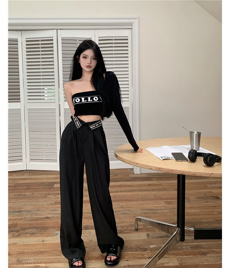 Strapless Lettering Crop Top / High Waist Wide Leg Dress Pants / Jacket KT499