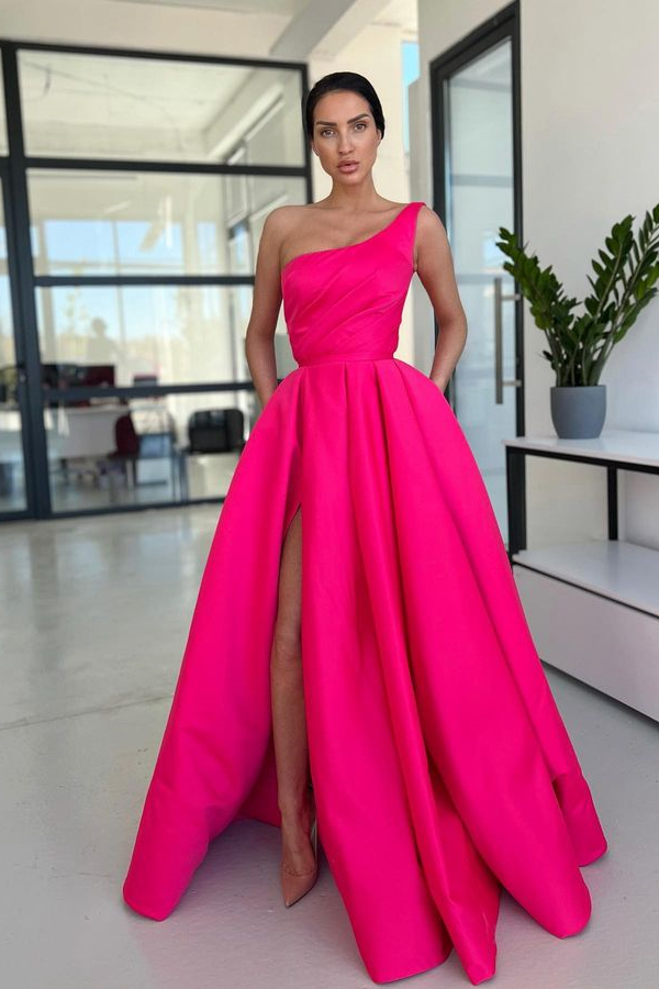 Dresseswow Hot Pink One Shoulder Prom Dress Long Split Sleeveless