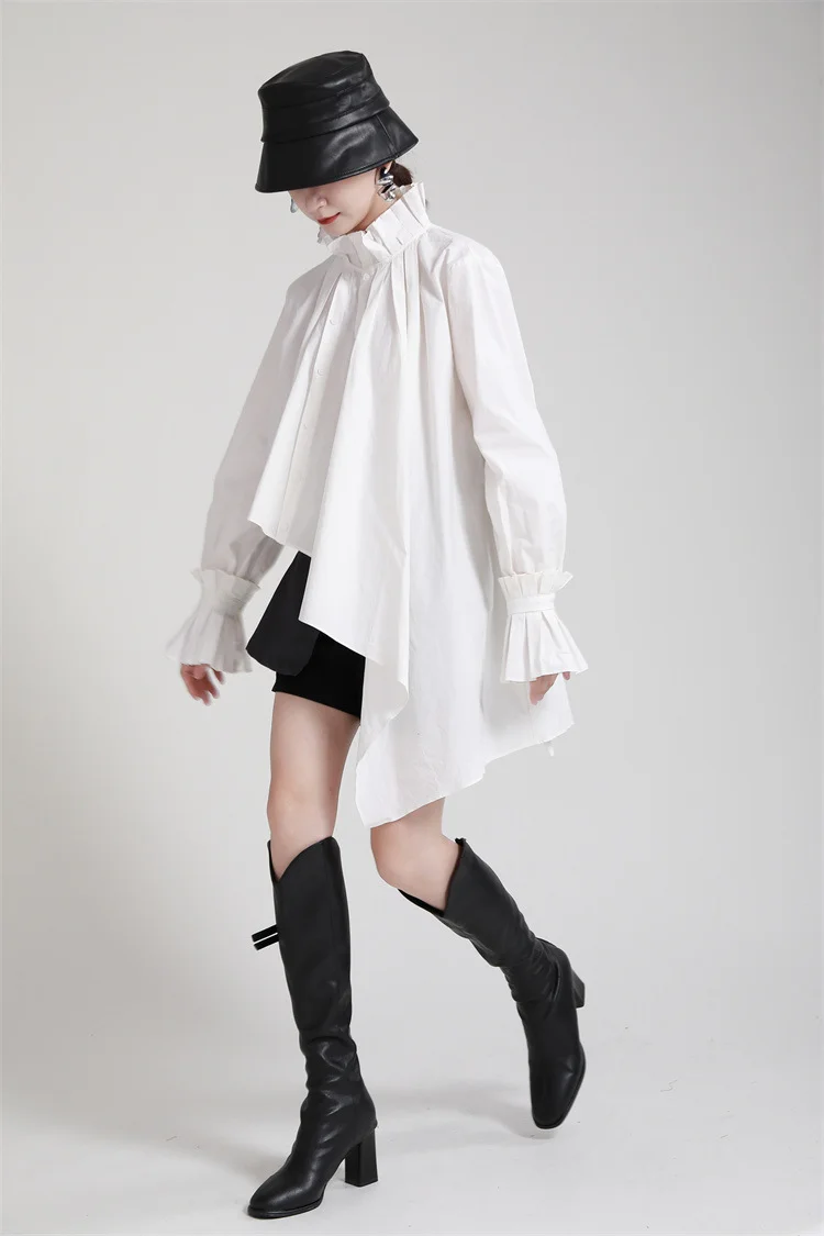 Loose Irregular Solid Stand Color Pleated Shirt