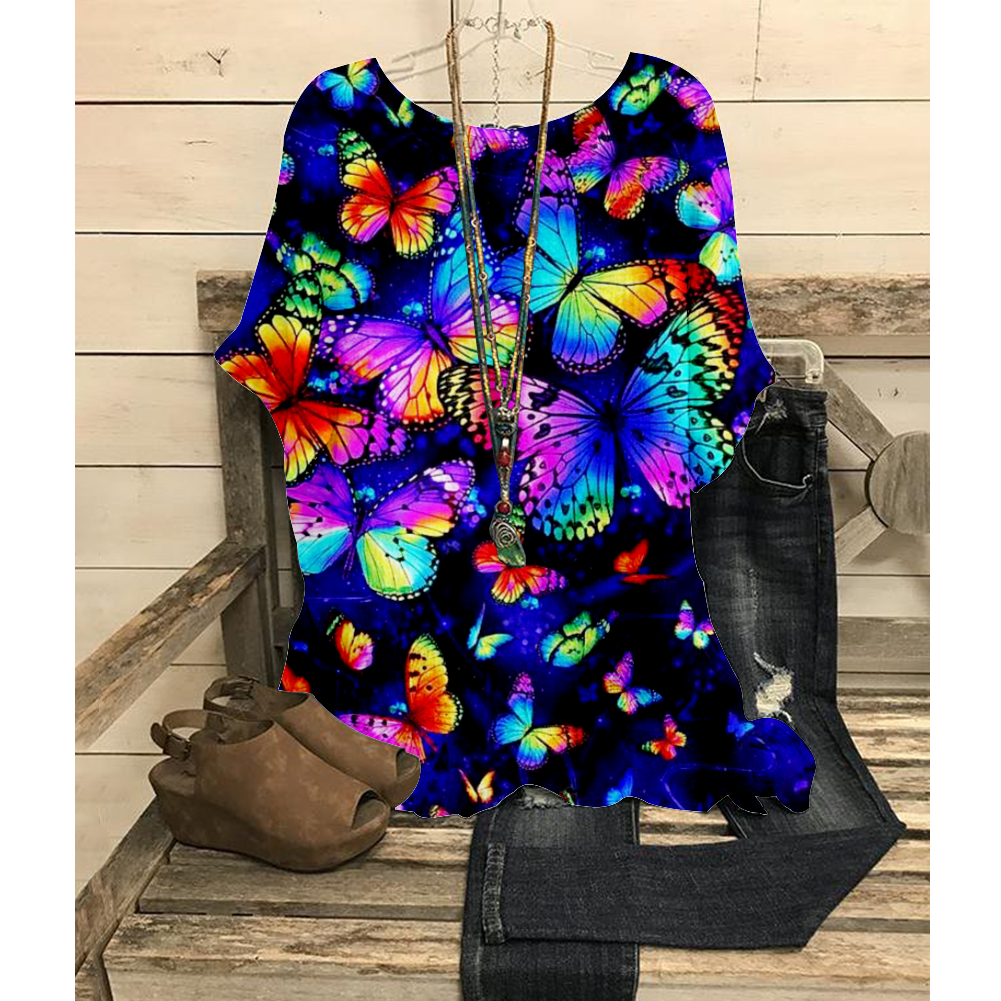 Butterfly Print Round Collar Short Sleeves Loose T-Shirt
