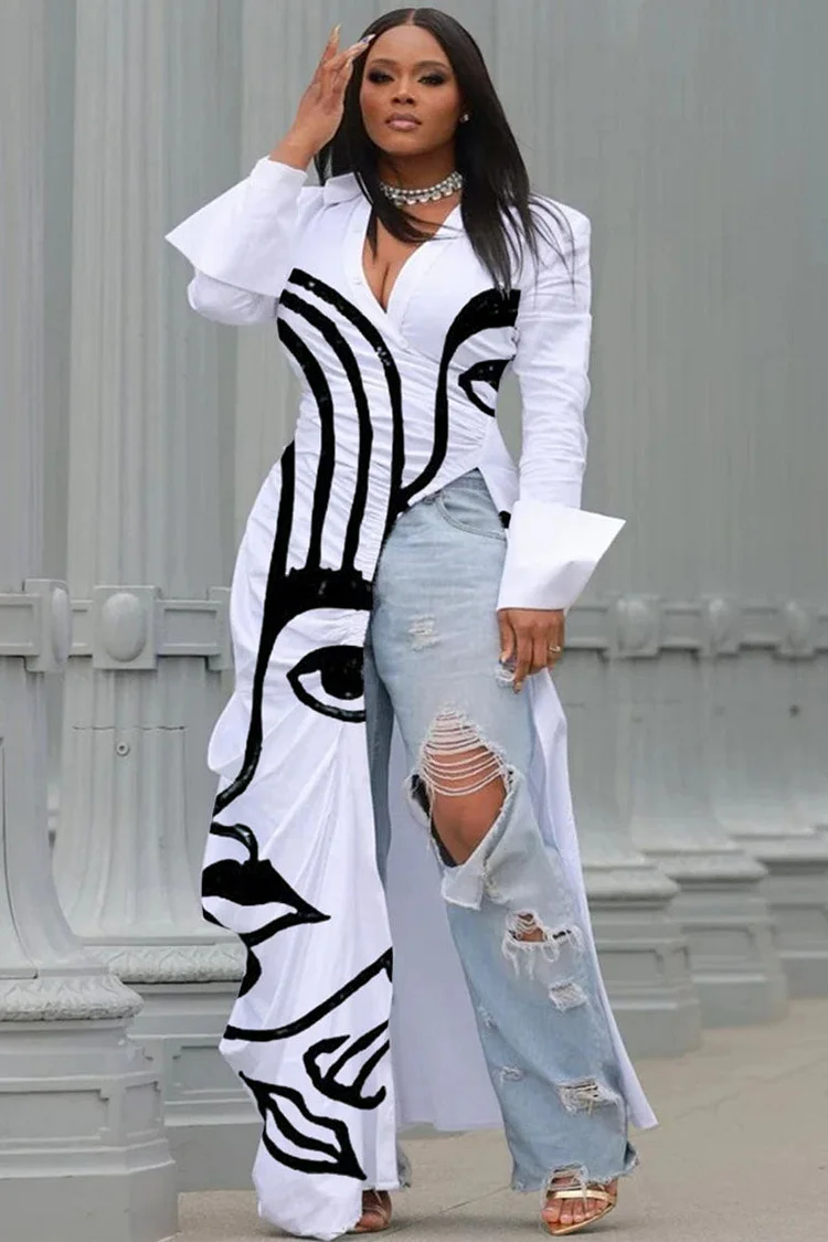 Abstract Face Print V Neck Ruched High Slit Maxi Dresses