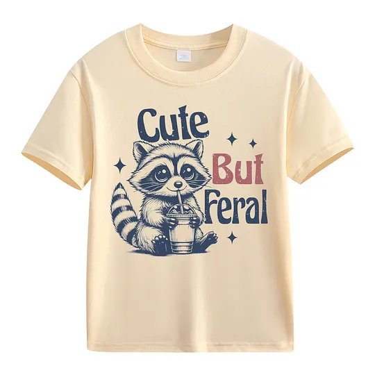 【2Y-13Y】Cute But Feral Cartoon Raccoon Print T-Shirt For Kids