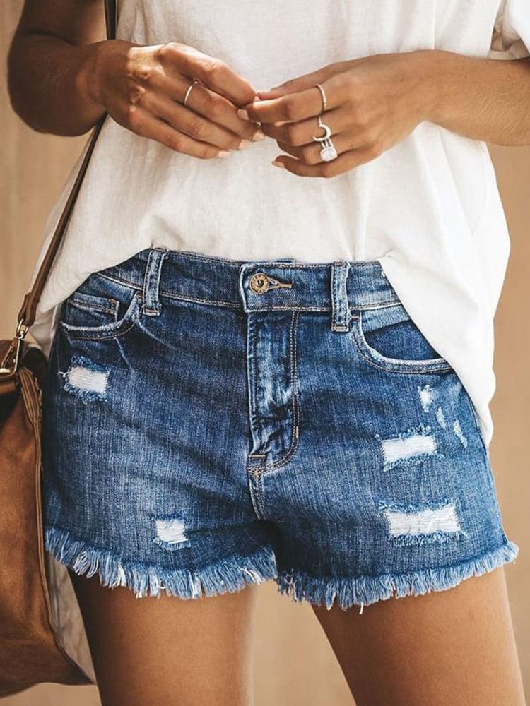 Casual Frayed Hem Denim Shorts P10515