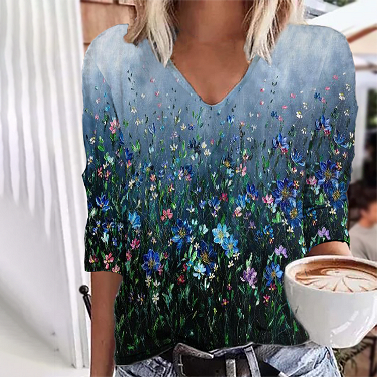 Vefave Fashion V Neck Floral Print Loose T-Shirt