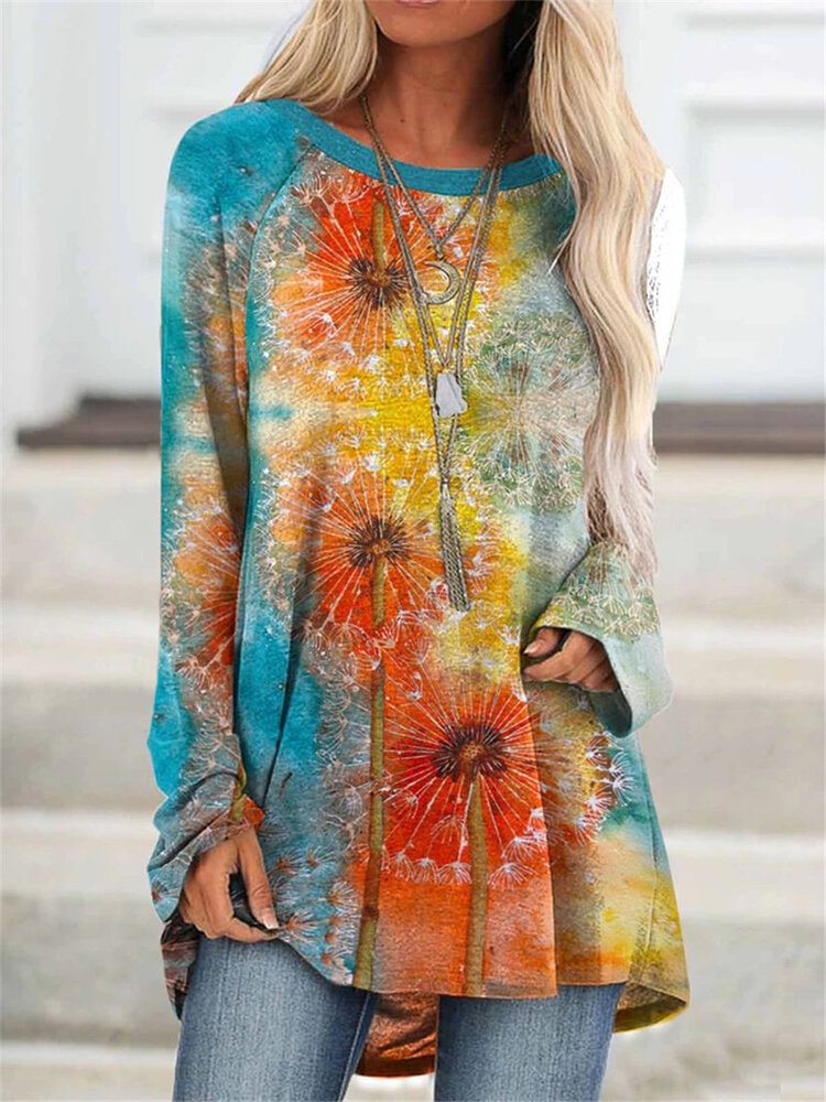 Multi color Flower Print Long Sleeve O neck Blouse For Women P1751152