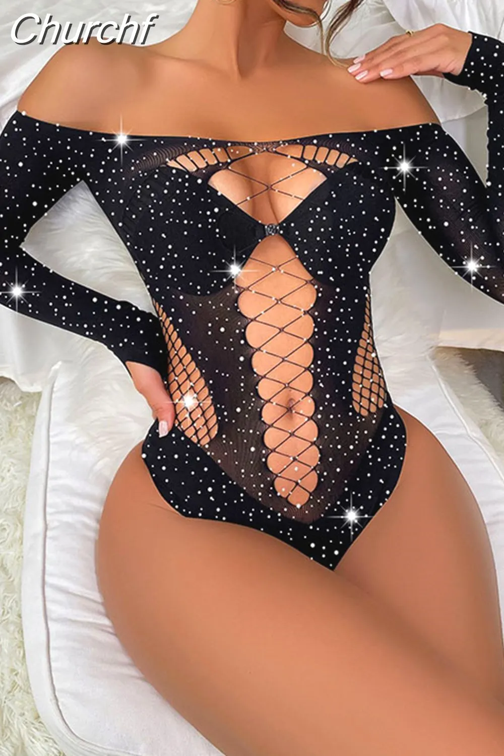 Churchf Women S Sexy Mesh Hollow For Lingerie One Piece Rhinestone