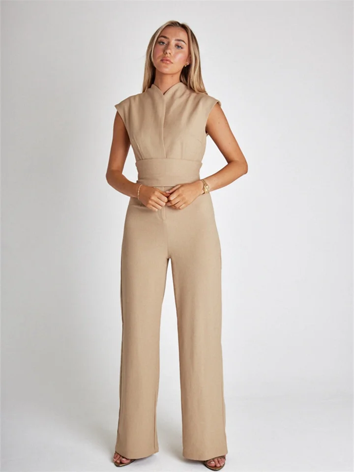 New Temperament Straps Waisted Jumpsuit Women's Solid Colour V-neck Sleeveless Wide-leg Jumpsuit-JRSEE