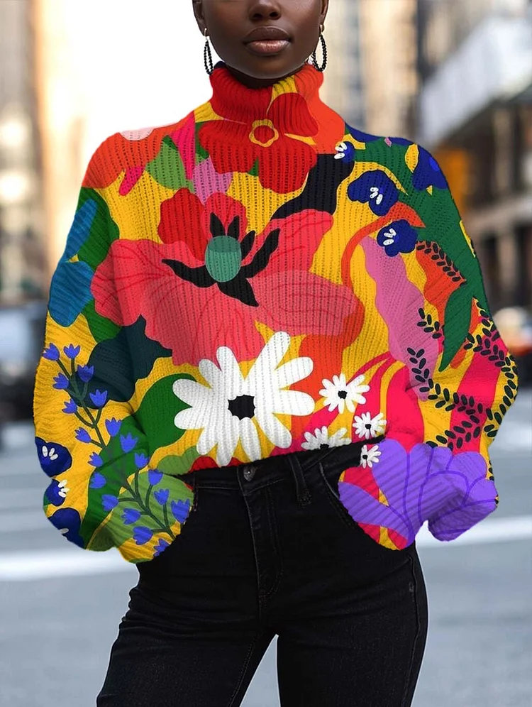 Women's Vibrant and Colorful Flowers Print High Neck Knit Sweatshirt