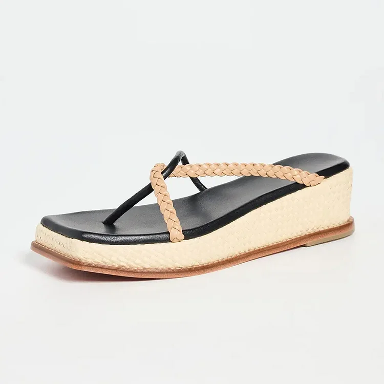 Black & Beige Woven Raffia Square Toe Platform Wedge Sandals for Women |FSJ Shoes