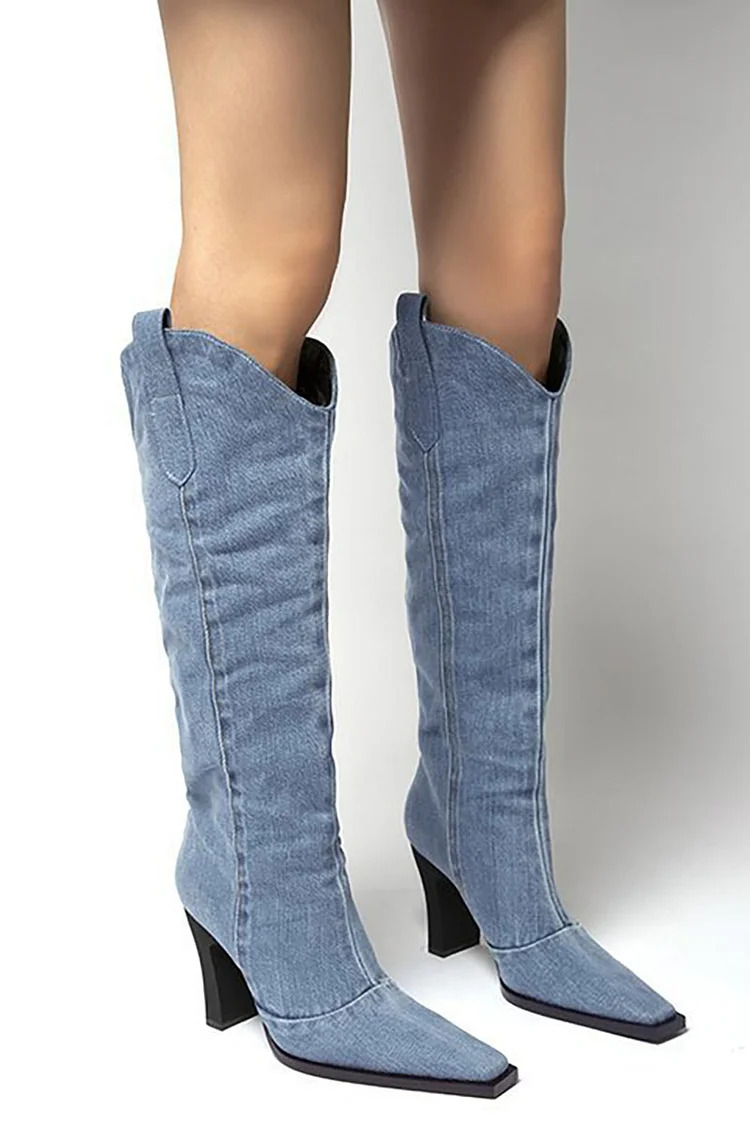 Plain Denim Pointy Toe Chunky Heel Cowboy Boots -Blue