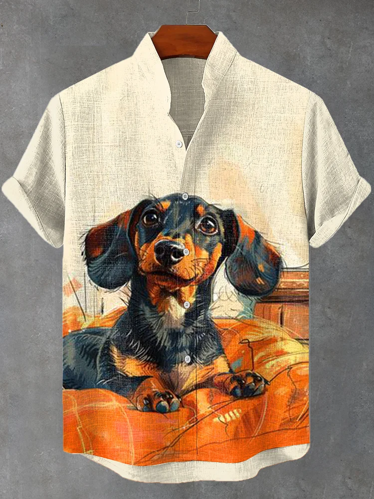 Men's Cute Lazy Couch Dachshund Print Linen Blend Shirt