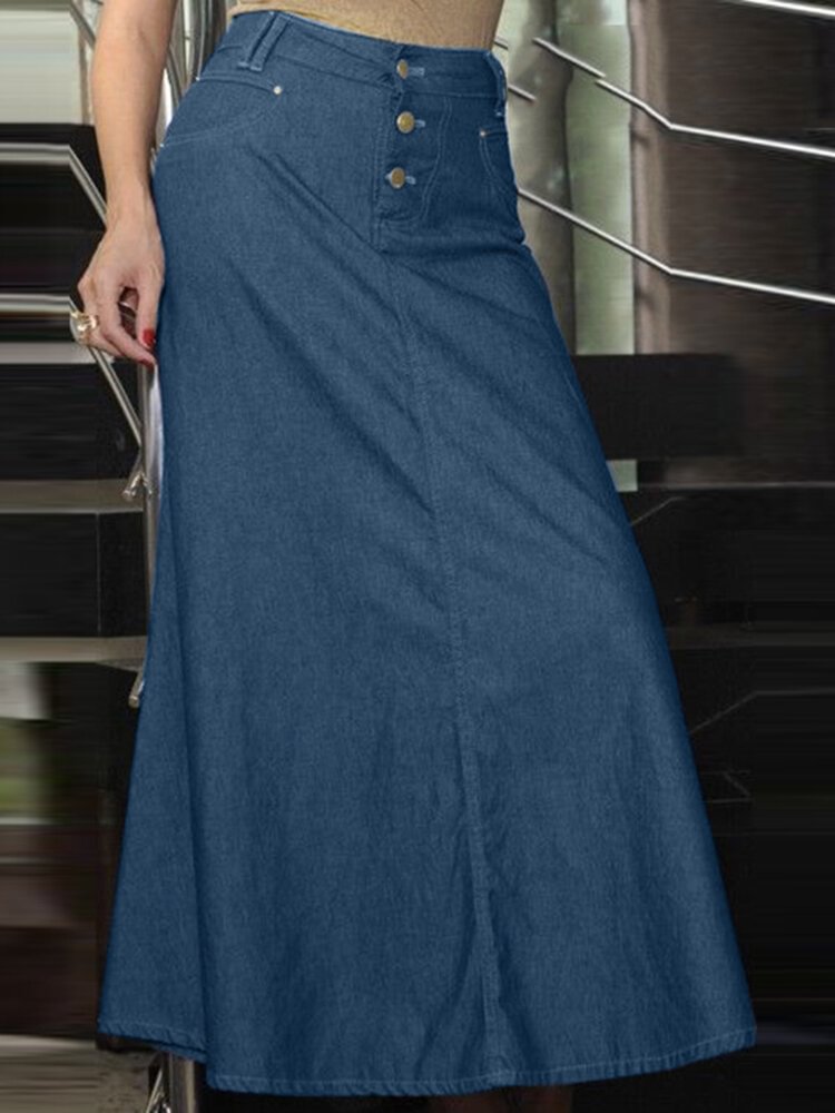 Leisure Button Casual Denim Maxi Skirt