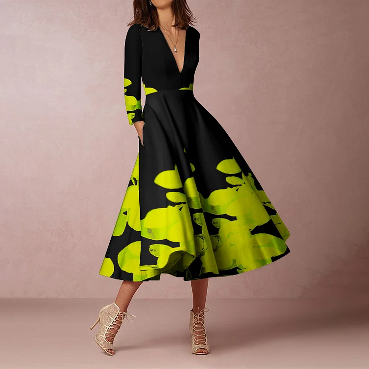 Vefave V-Neck High Waist Floral Print Slip Pocket Midi Dress
