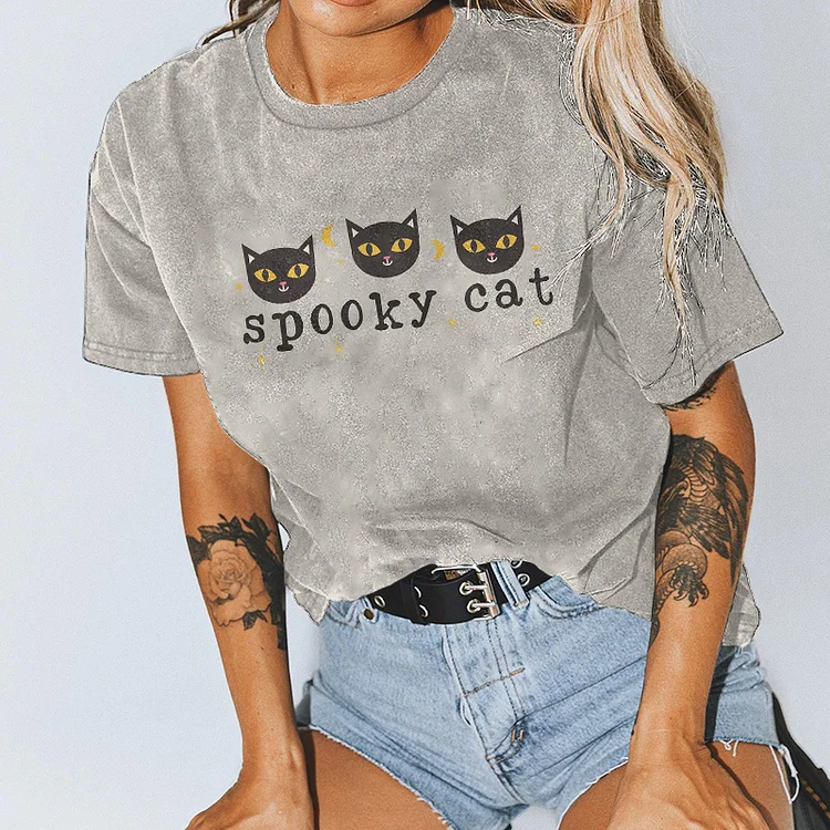 Vefave Spooky Cat Print Short Sleeve T-Shirt