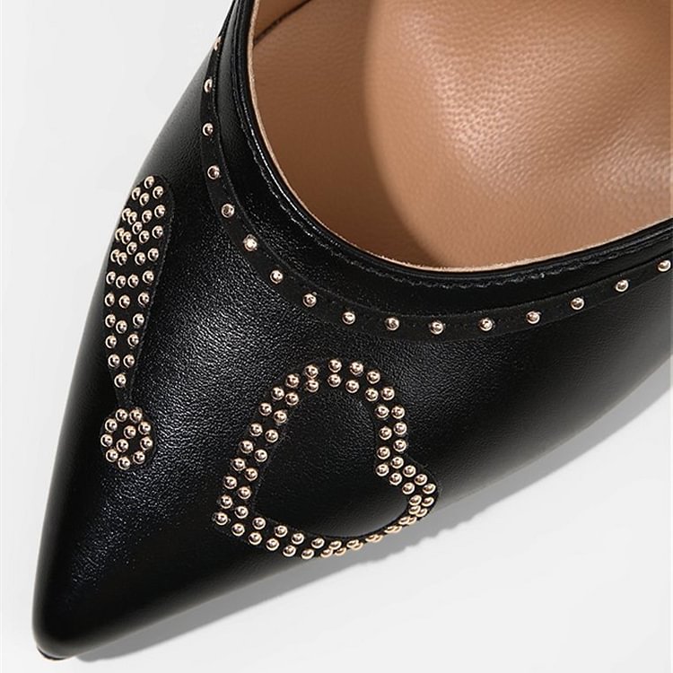 Women's Black Office Heels Pointy Toe Stiletto Heels with Studs |FSJ Shoes