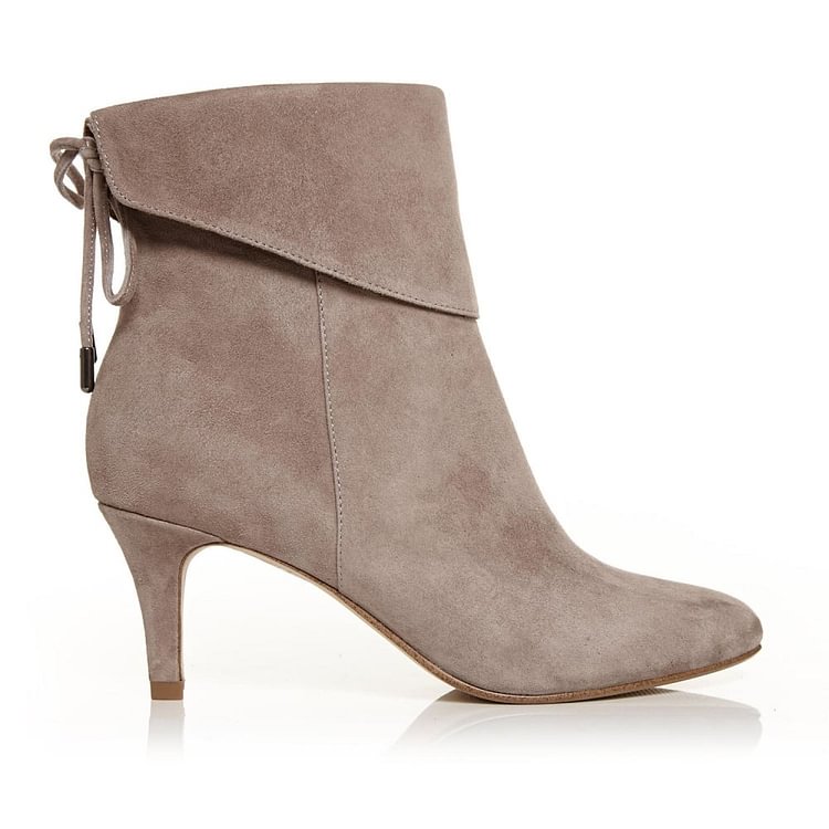 Taupe Boots Fold Over Kitten Heel Back Laced Suede Ankle Boots |FSJ Shoes