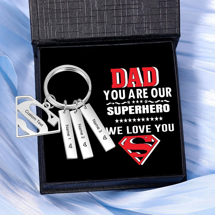 Custom Superhero Dad Sign Keychain Engrave 3 Names For Dad