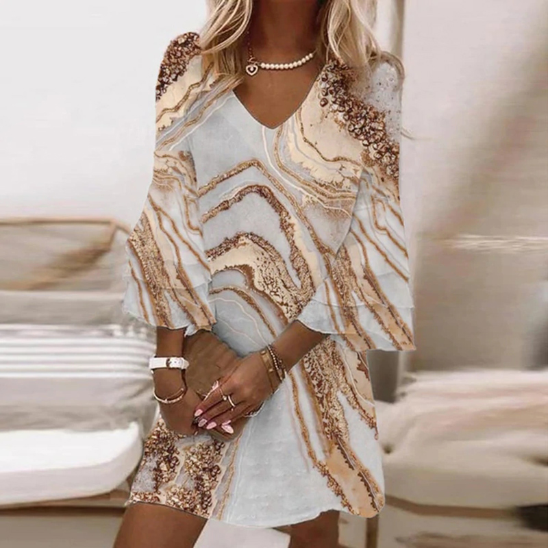 Trendy Bell Sleeve V Neck Ruffle Vintage Print Loose A Line Casual Dress