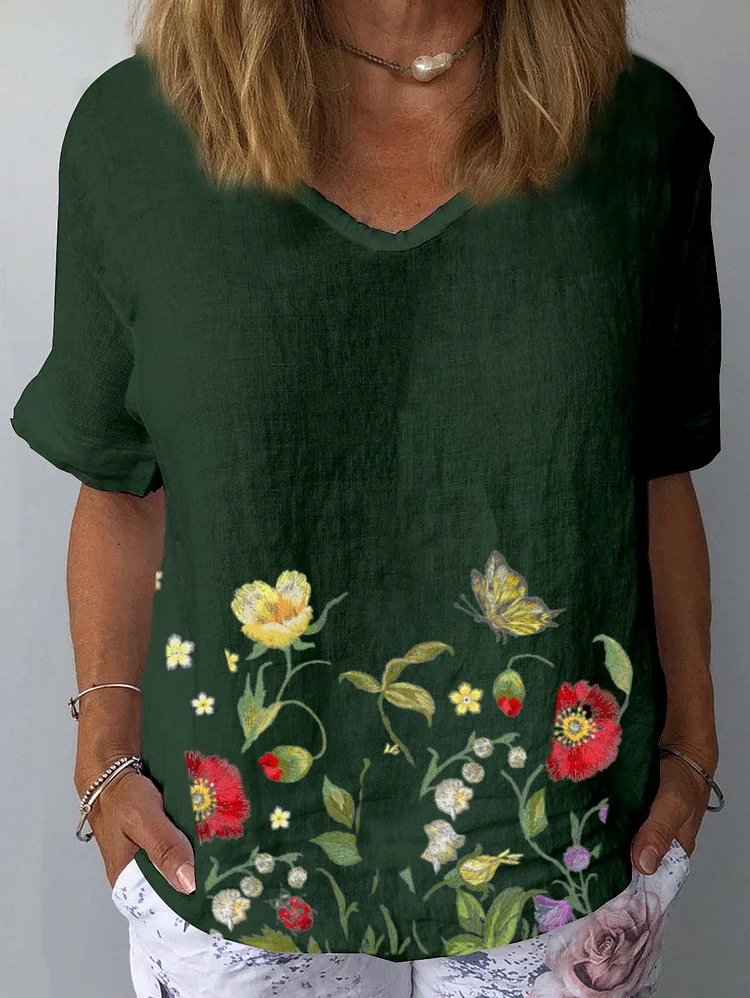 Ursime Casual Loose Floral Print T-shirt