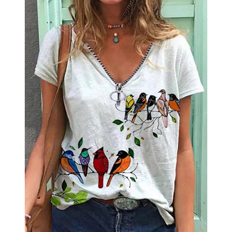 Bird Print Zip V-neck Short Sleeve Top