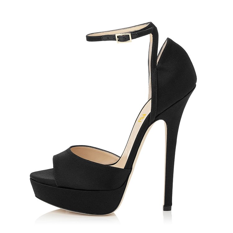 Black Ankle Strap Sandals Peep Toe Suede Platform Sandals High Heels Shoes |FSJ Shoes