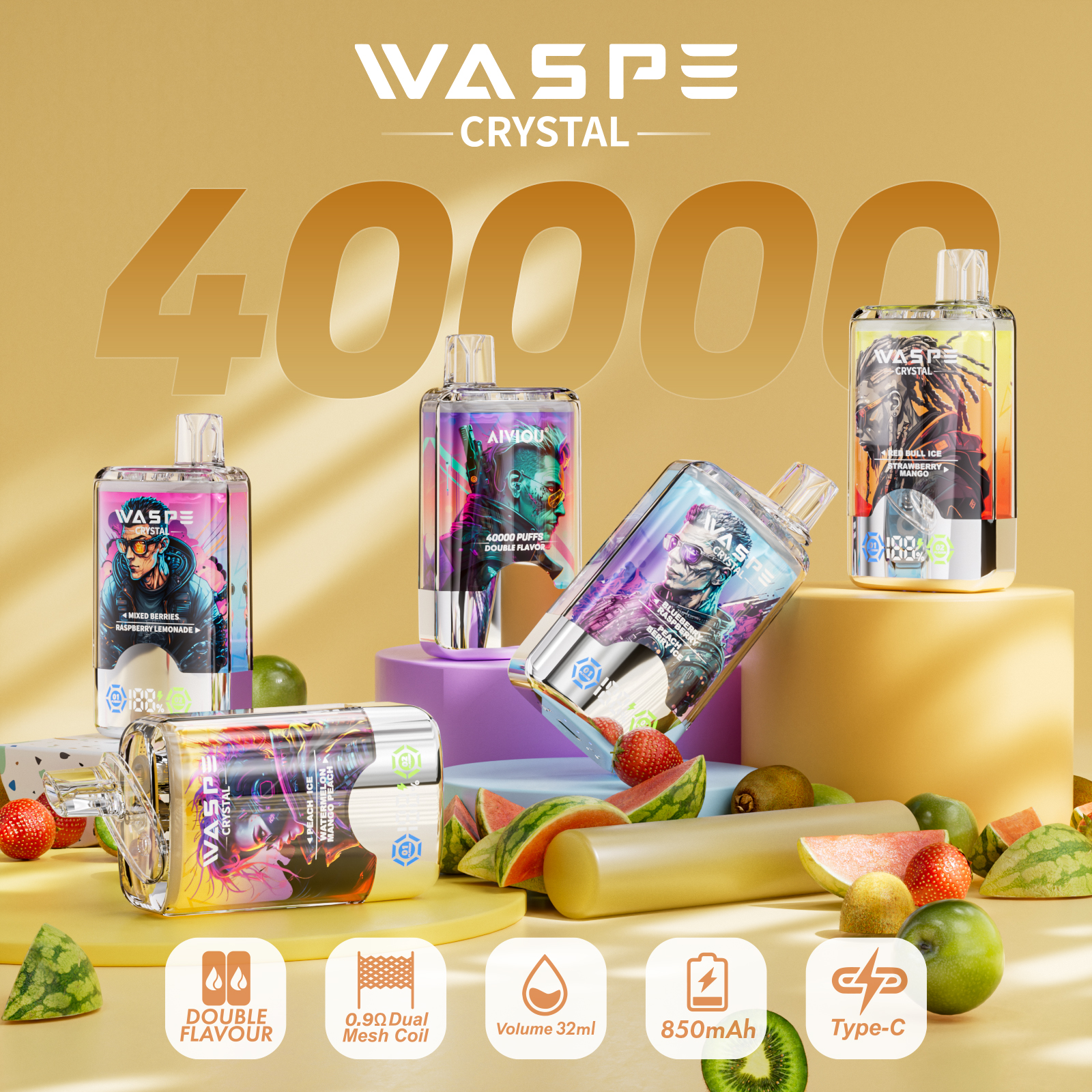 WASPE Crystal 40000 40K Puffs Double Taste LCD Display (Box of 3) mysite fumotvapeshop